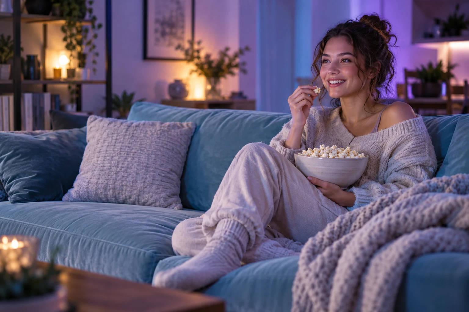 Woman enjoying movie night with popcorn on a blue sofa