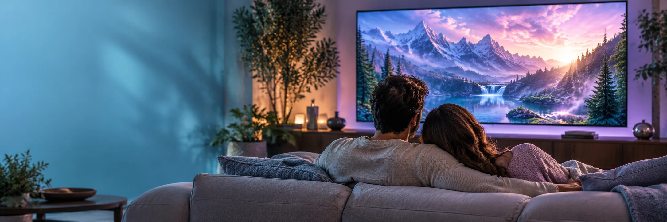 Couple watching a mountain adventure on television