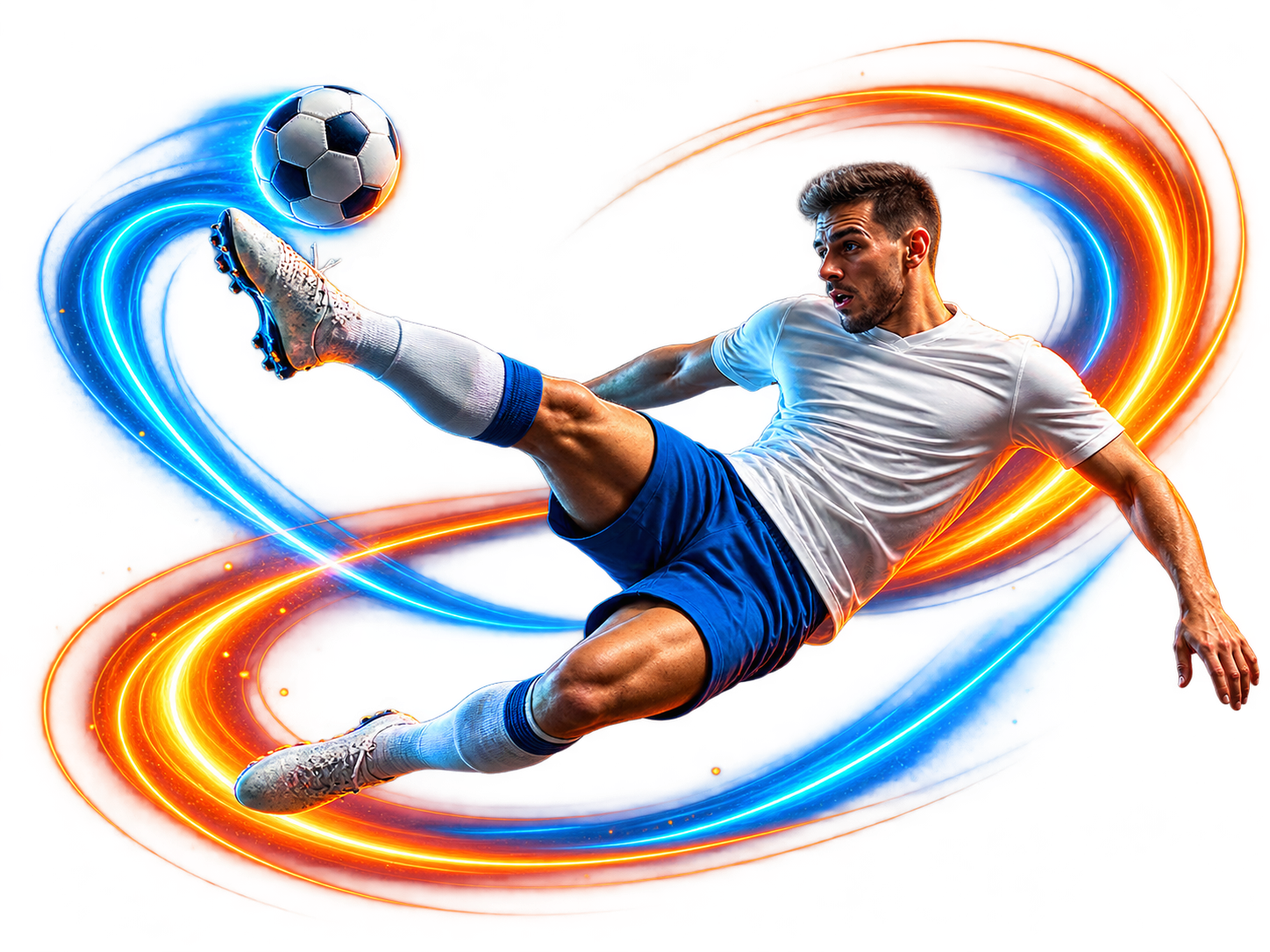 Soccer player performing a bicycle kick surrounded by blue and orange light trails